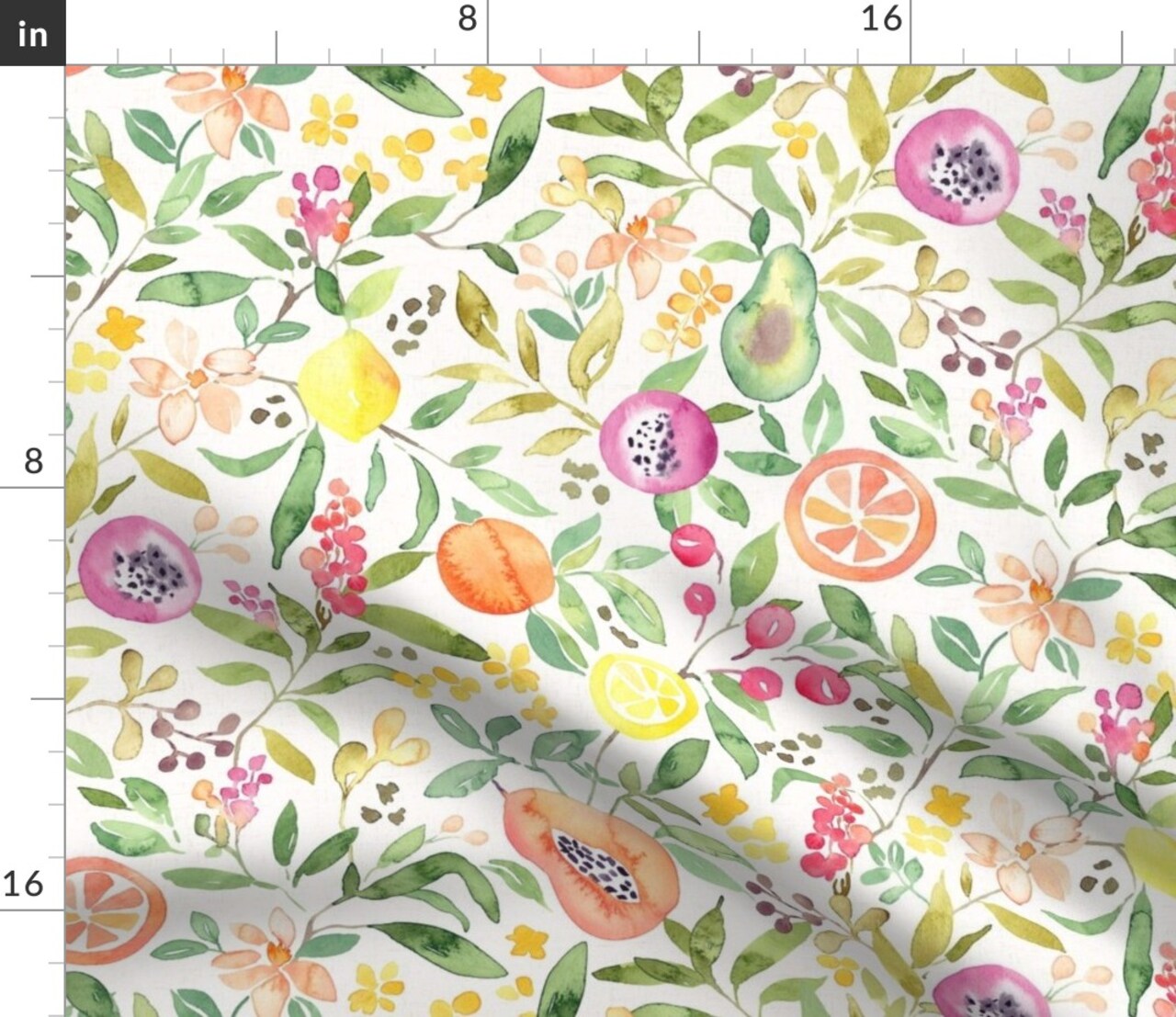 Watercolor Fruit Tropical Summer Floral Citrus Orange Avocado Papaya Lemon Peach Custom Printed Fabric by Spoonflower Various Fabrics by the Yard or Fat Quarter